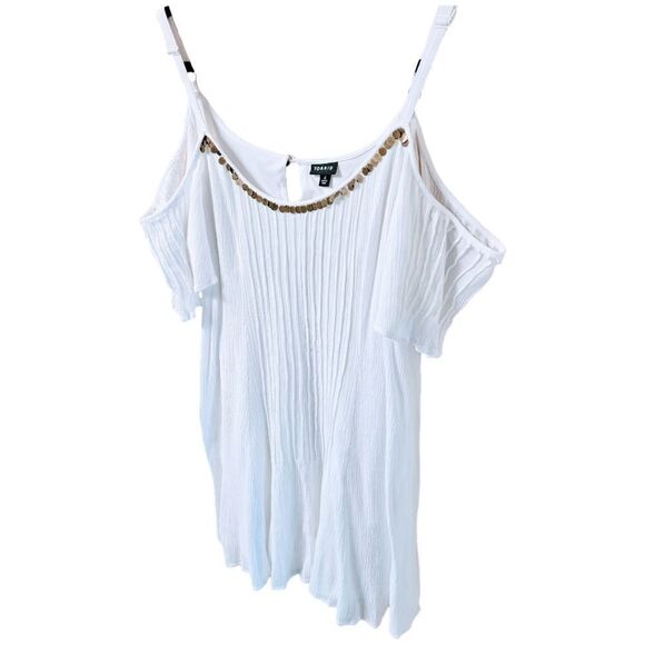 TORRID MINI IVORY GAUZY Cold Shoulder Trapeze dress With Gold Sequins - Picture 7 of 16